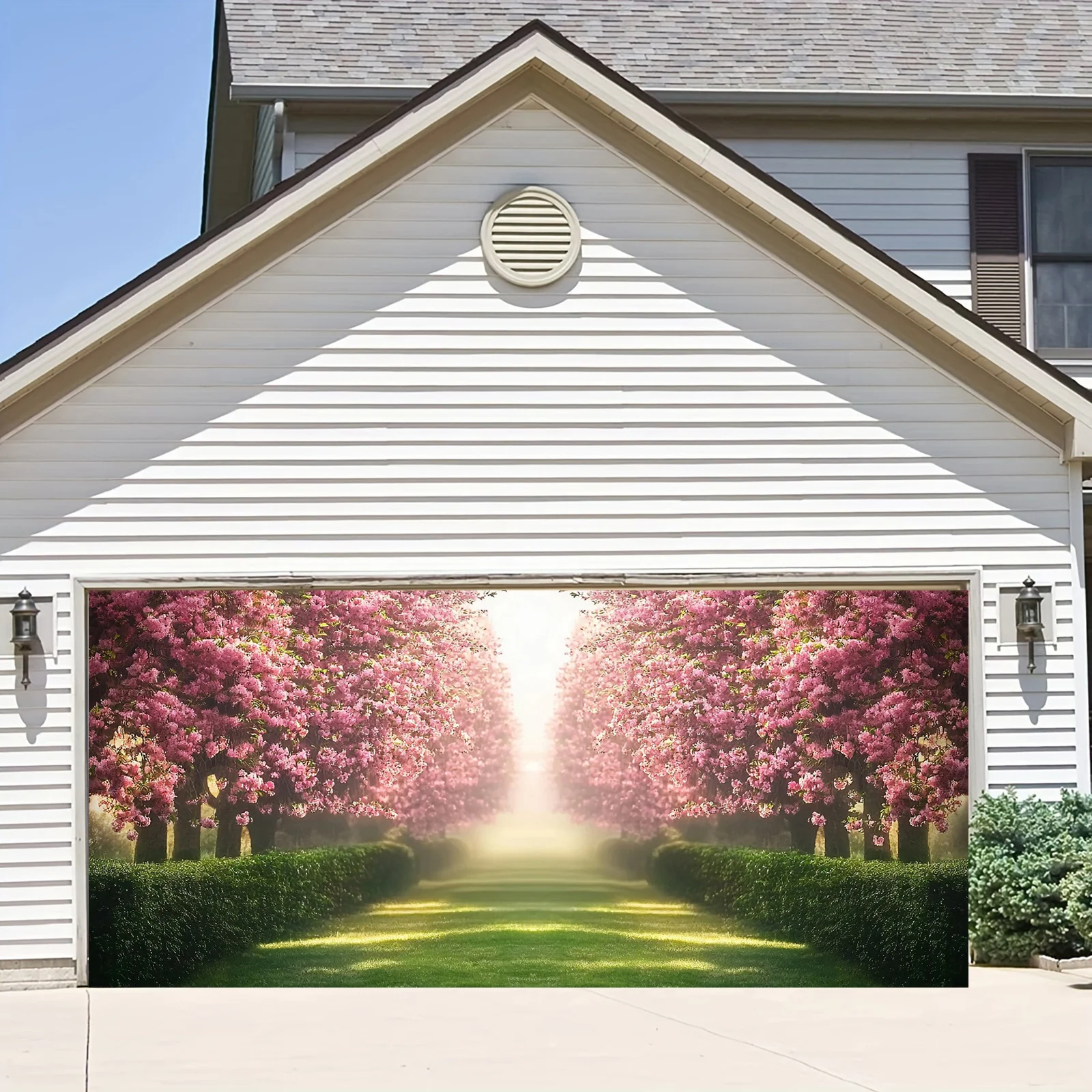 لافتة باب ثنائية الأبعاد، لافتة باب جراج كبيرة على شكل زهر الكرز - أشجار وردية وزخرفة مسار بيضاء #1