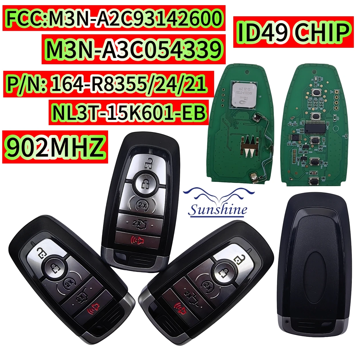 

Sunshine For Ford Mondeo Mustang Fusion F-250 F-350 F-450 F-550 2017 car key 902MHz ID49 M3N-A2C93142600 Smart Proximity Key