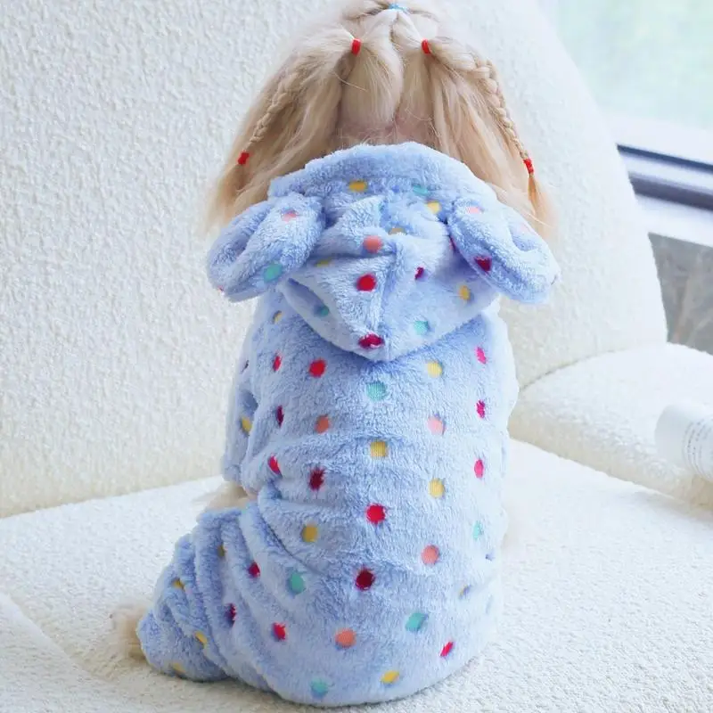 

Fleece Rabbit Ear Hooded Polka Dot Onesie with Four Legs, Suitable for Small and Medium-Sized Dogs, Pet Apparel