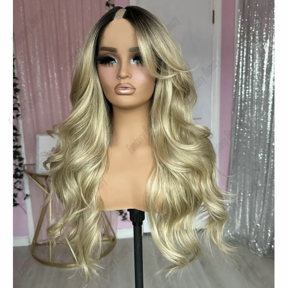 

Dark Roots Ombre Blonde U Part Wigs Human Hair Wig For White Women With Clips Full Machine Made 1x4Size V Part Wig European Hair