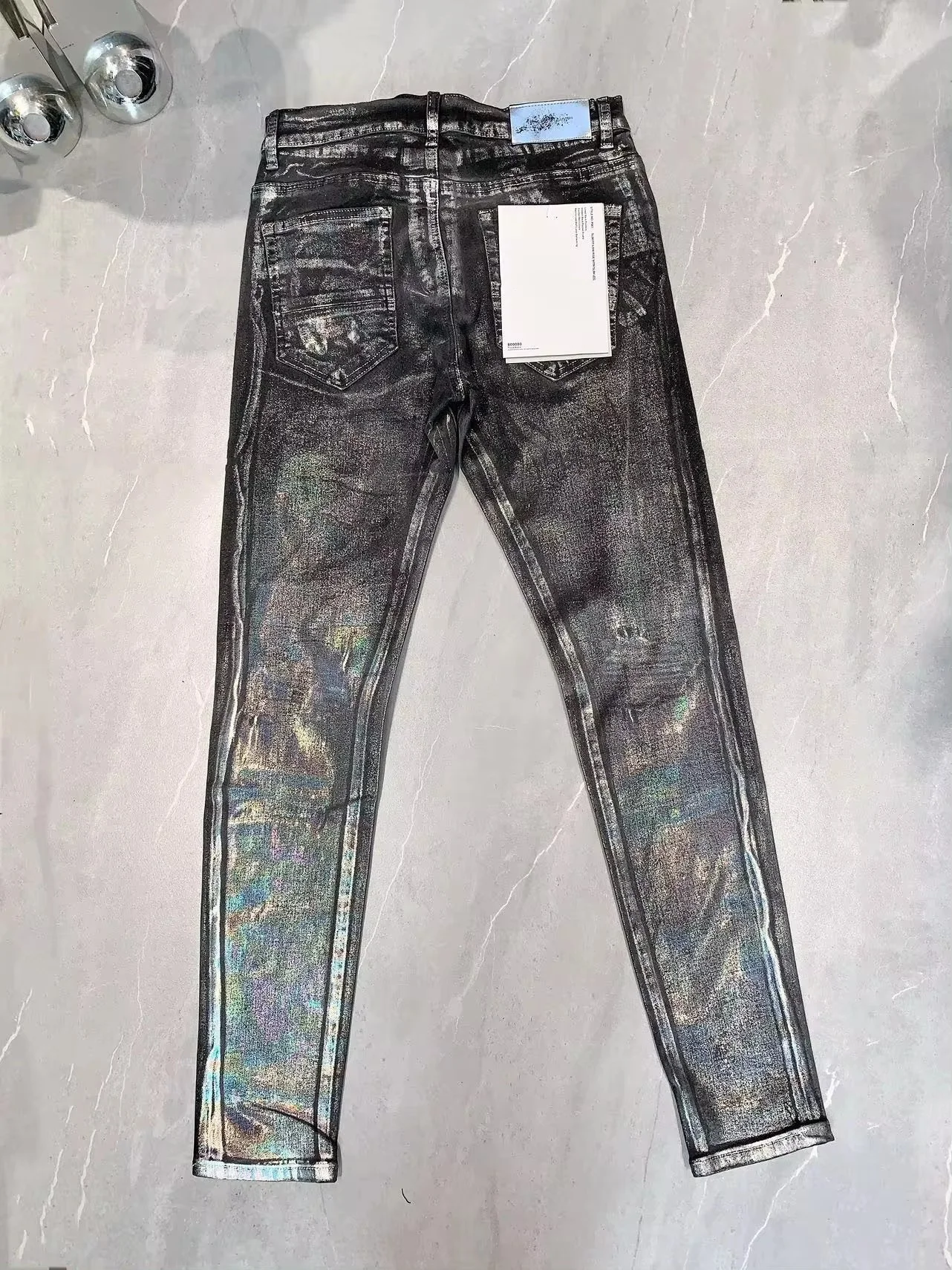 New top quality Purples jeans man with distressed hole patches Fashion Repair Low Rise Skinny Denim Trendy Black pants