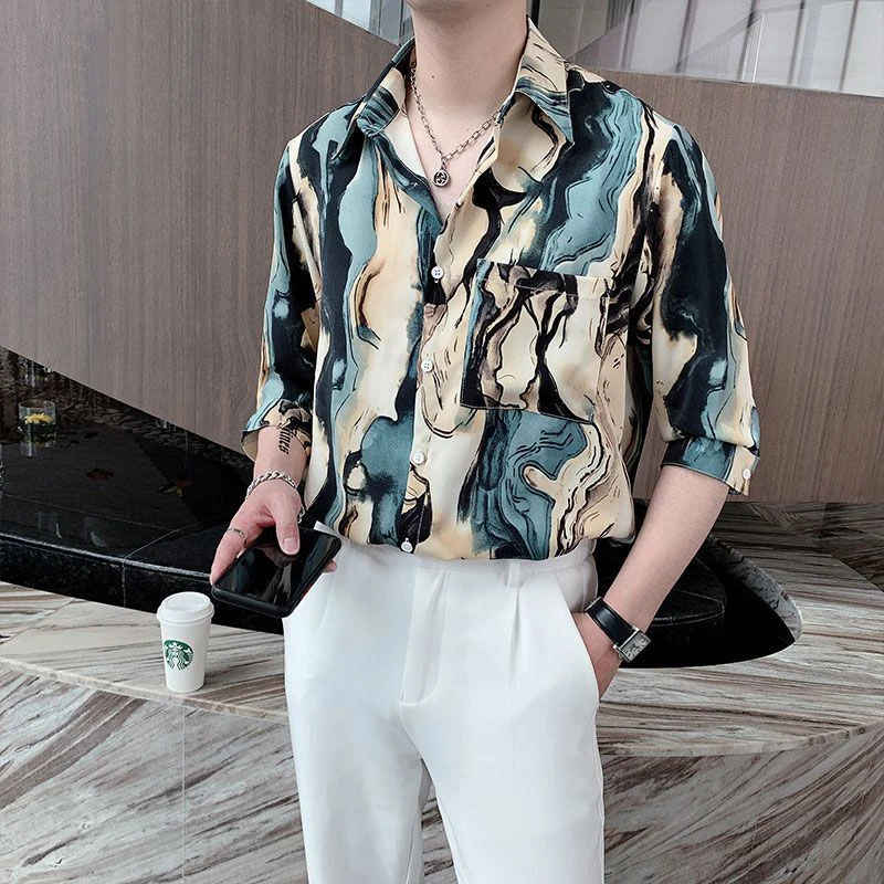 

Мужская летняя модная винтажная рубашка с принтом тай-дай High Street из ледяного шелка, повседневные свободные шикарные красивые топы с лацканами и короткими рукавами с карманами