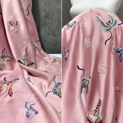 Embroidered Fabric New Chinese Style Pink Imitation Acetic Acid Satin for Diy Sewing Coat Skirt Clothing Designer Cloth