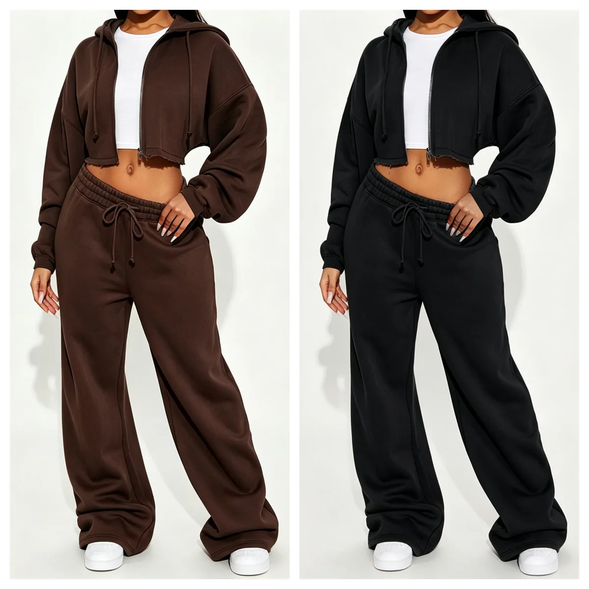Autumn Winter Woman's Two-piece Sports Set Fashion Hooded Hood Zipper Cardigan Long Pants Suit Lady Lace-up High-waisted Outfit