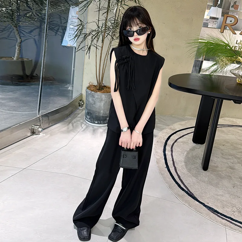 

Girls Suits National Style Set Summer 2024 New Dish Buckle Chinese Vest Loose Wide-leg Pants Girls and Children Two-piece Set