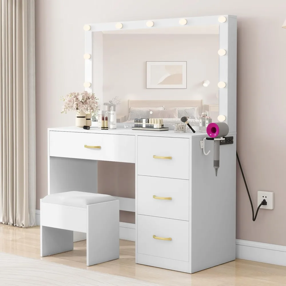 

Dressing Table with a Mirror and Light, Equipped with a Power Board, Adjustable Lighting, 4 Drawers, Cushioned Stools