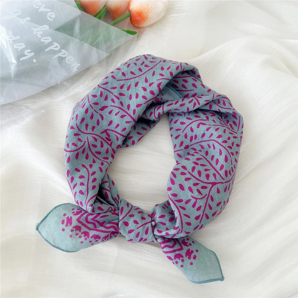

New Floral Print Square Scarf Soft Handkerchief Women Hair Scarf Head Scarfs Cotton Linen Ladies Neck Scarves Summer Autumn