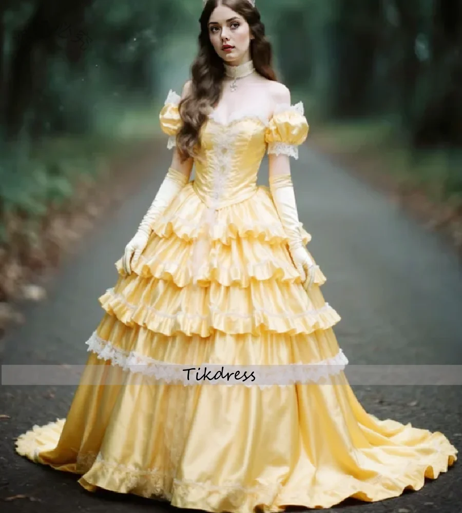 Robe de soirée victorienne jaune Marie Antoinette, manches courtes, Costume à plusieurs niveaux, robe de bal en dentelle, Vintage, fête de la Renaissance médiévale