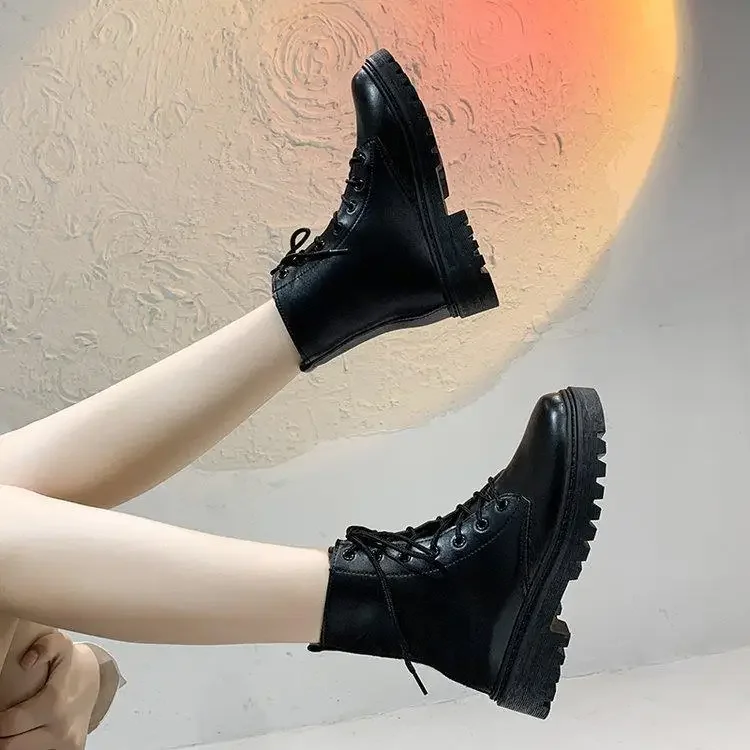 2023 Autumn New Women's Martin Boots with Thick Soles and Seven Holes Black Leather Ankle Boots Direct From Manufacturer