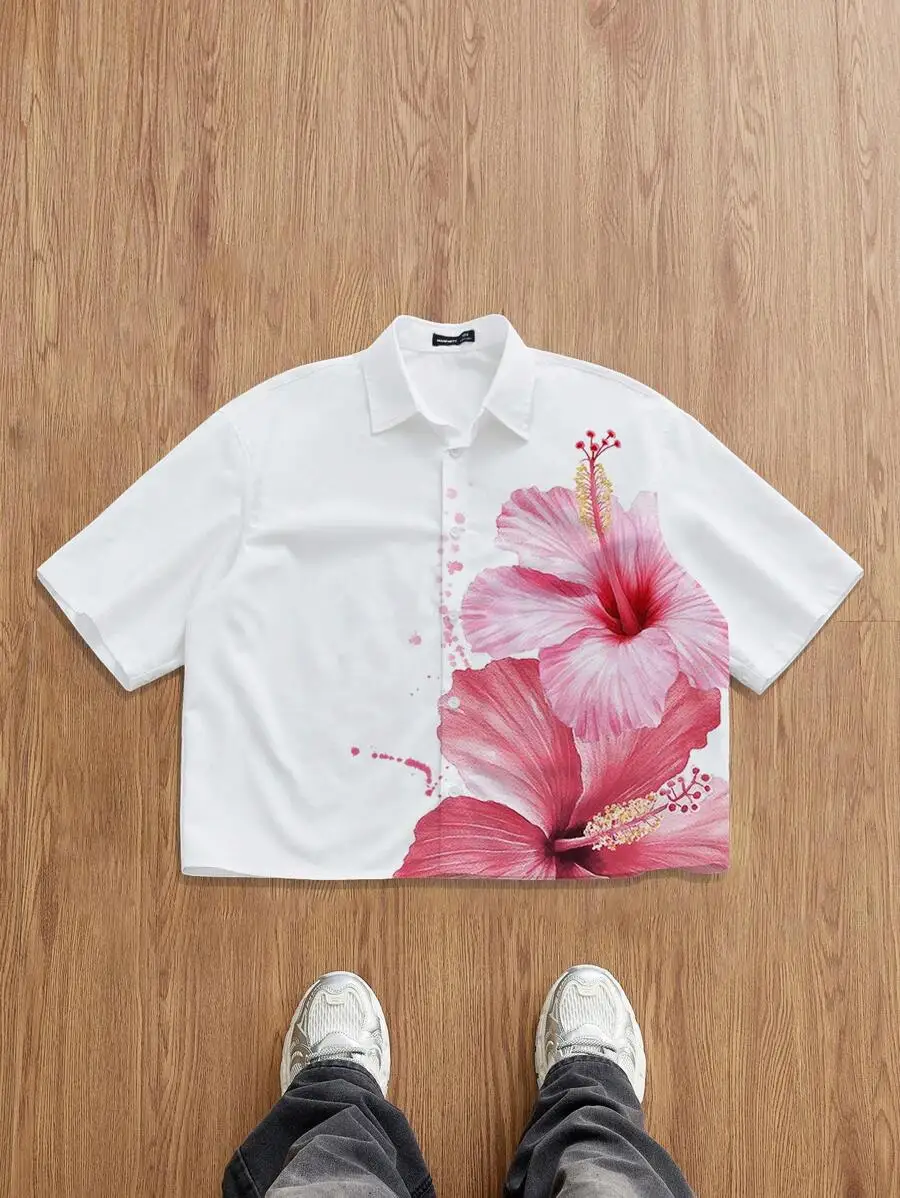 

Men's White Cropped Shirt with Pink Hibiscus Print, Short Sleeve Casual Summer Top