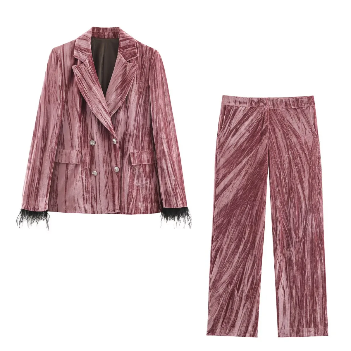 Winter Double-Breasted Textured Slim Mid-Long Feathered Blazer Straight Women's Pants