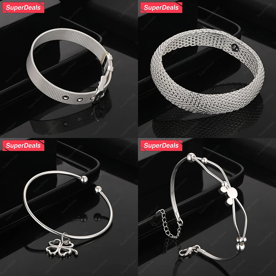 

SuperDeals 925 Sterling Silver Round Watch Band Four Leaf Clover Network Bangles Birthday Christmas Party Women's Trendy Jewelry