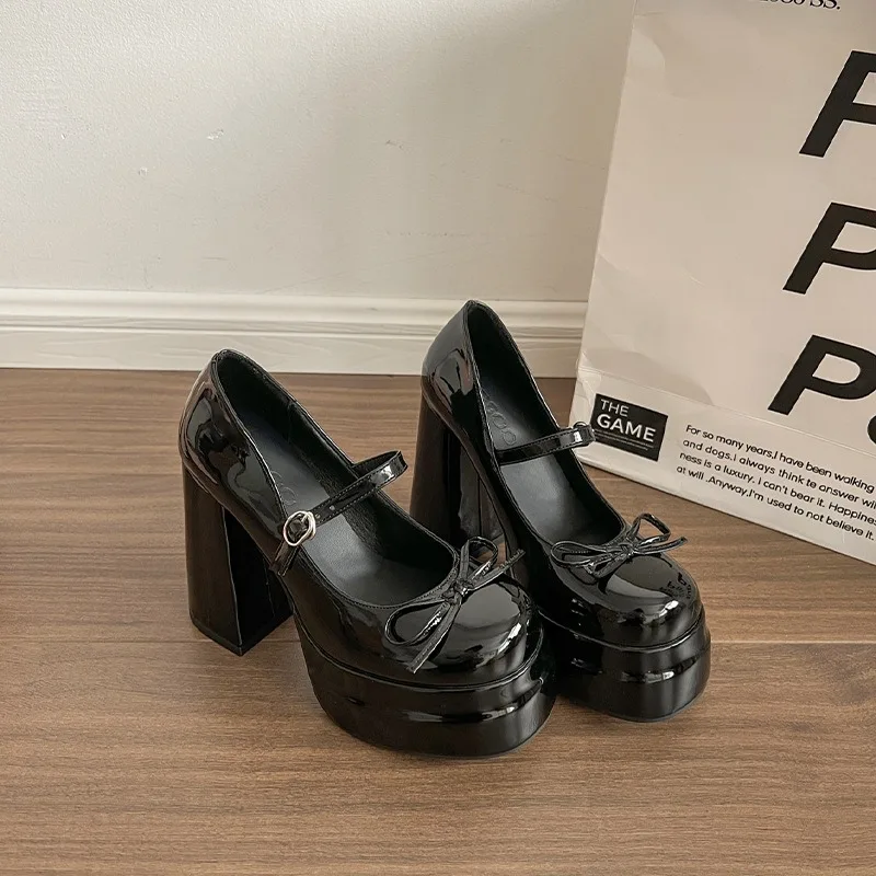 

Женские весенние туфли на высоком каблуке Французской Мэри Джейн 2021, новые туфли-лодочки с круглым носком и неглубоким носком, темпераментные туфли-лодочки с бантом на платформе, одинарные туфли