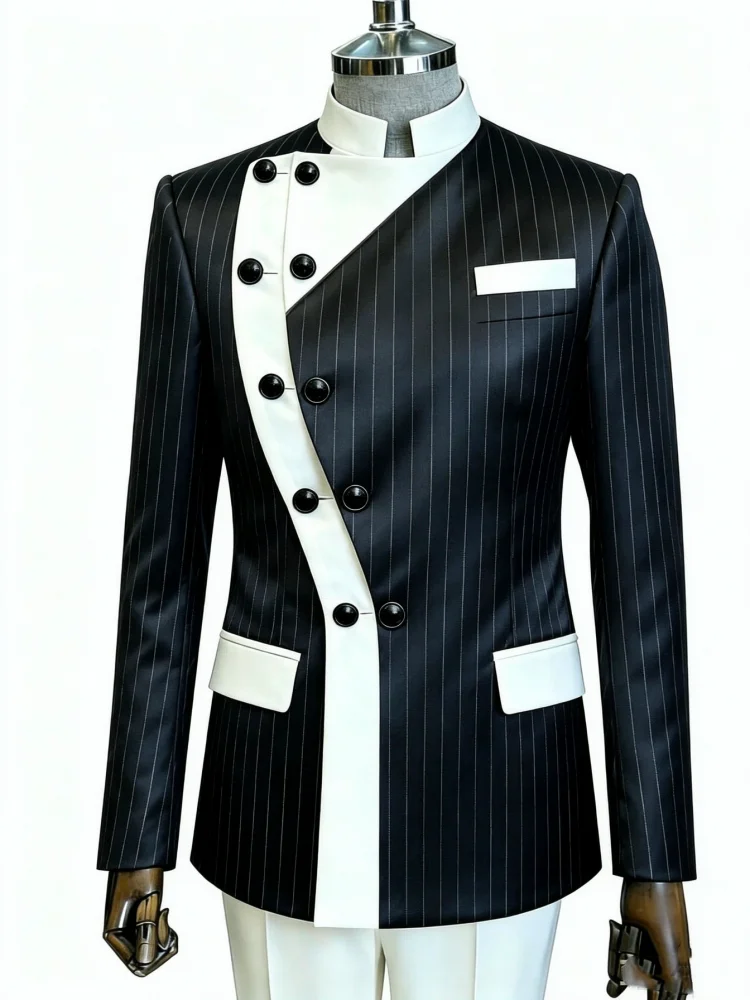 Mens Mandarin Collar Contrast Pinstriped Blazer Slim Fit Asymmetrical Double Button Formal Business Evening Jacket