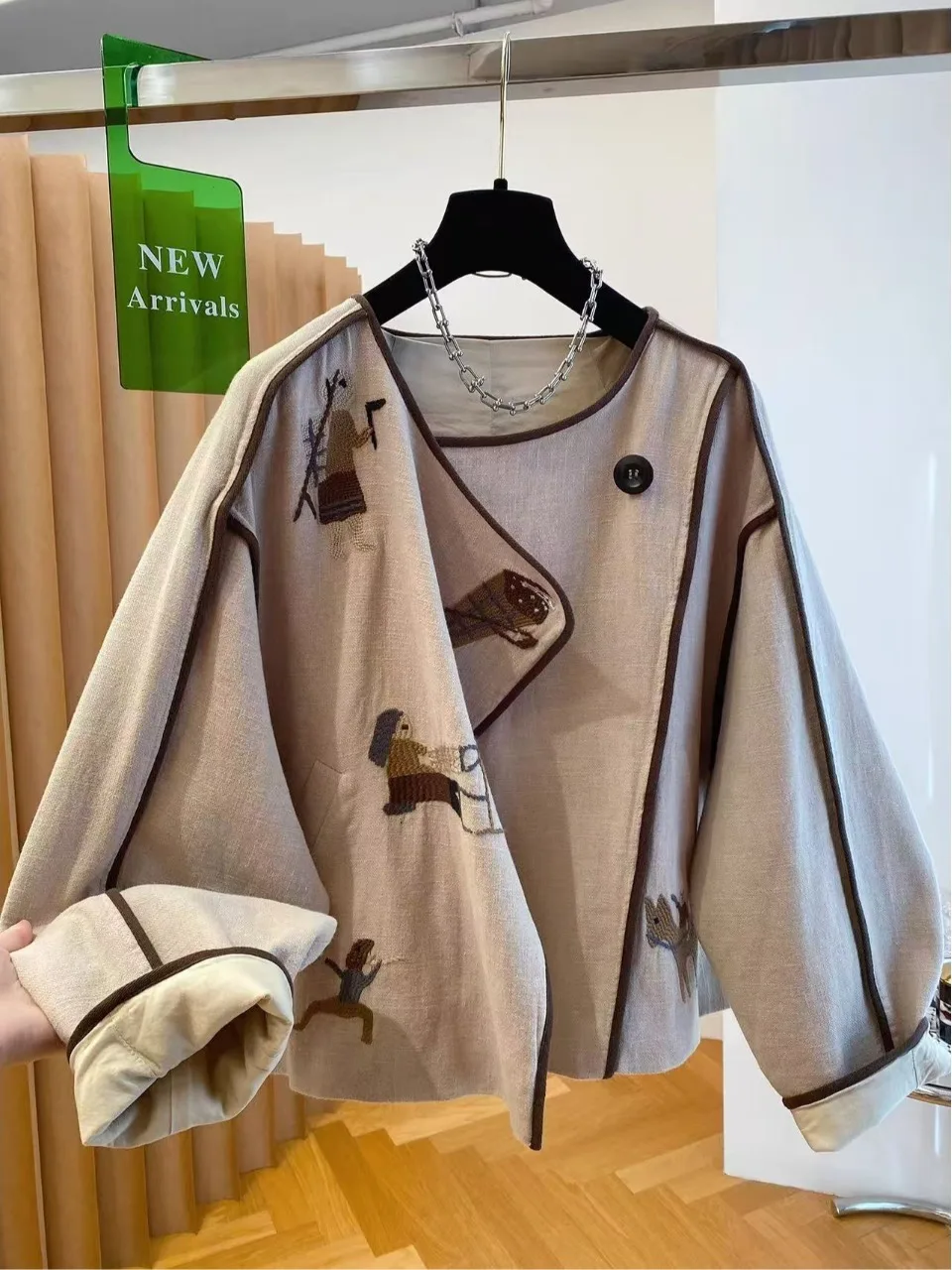 

Loose Casual Embroidered Cotton Linen Jaet Women's Spring Autumn New Sle Special Loose Fit Top for Universal Use