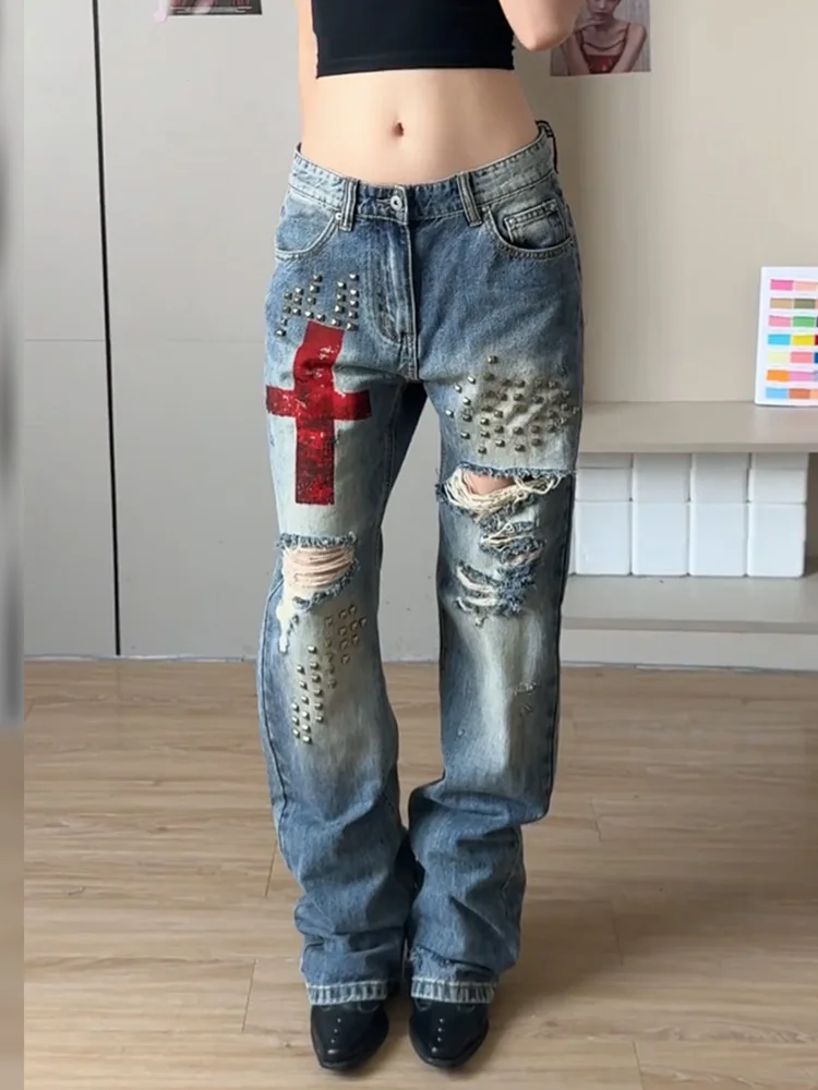 American Heavy Industry Willow Nailed Ripped Jeans 2026 Fashion Hot Girl Distressed Jeans High Waisted Loose Micro-flared Pants
