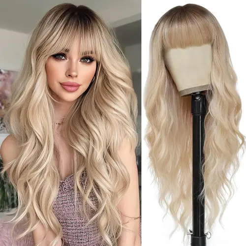 Imagen 1 del producto Peluca rubia ombré con flequillo, peluca larga ondulada, pelucas rubias platino para mujeres con raíces oscuras, pelucas sintéticas naturales, pelo rizado