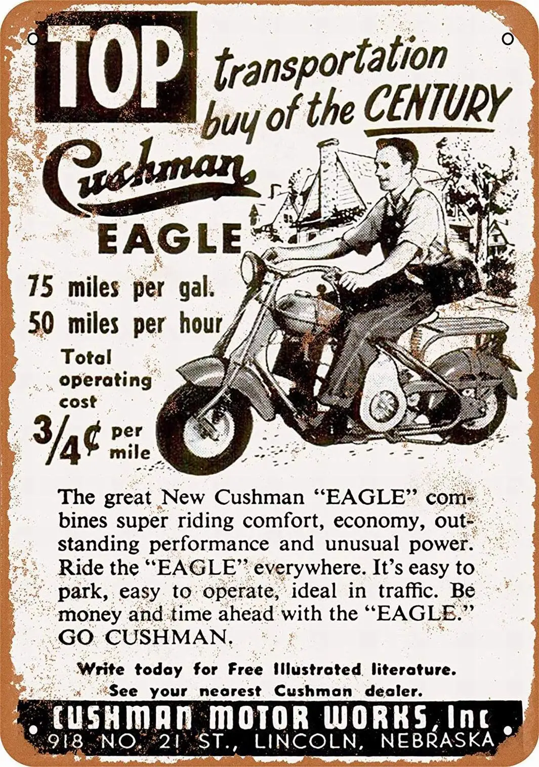 LoMall 8 x 12 Metal Sign - Cushman Eagle Scooter - Vintage Wall Decor Art