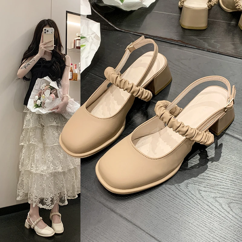 Summer Women Chunky-Heel Square-Middle-Heel round head Adjustable Needle Buckle sandals fashionable comfortable Non-slip sandals
