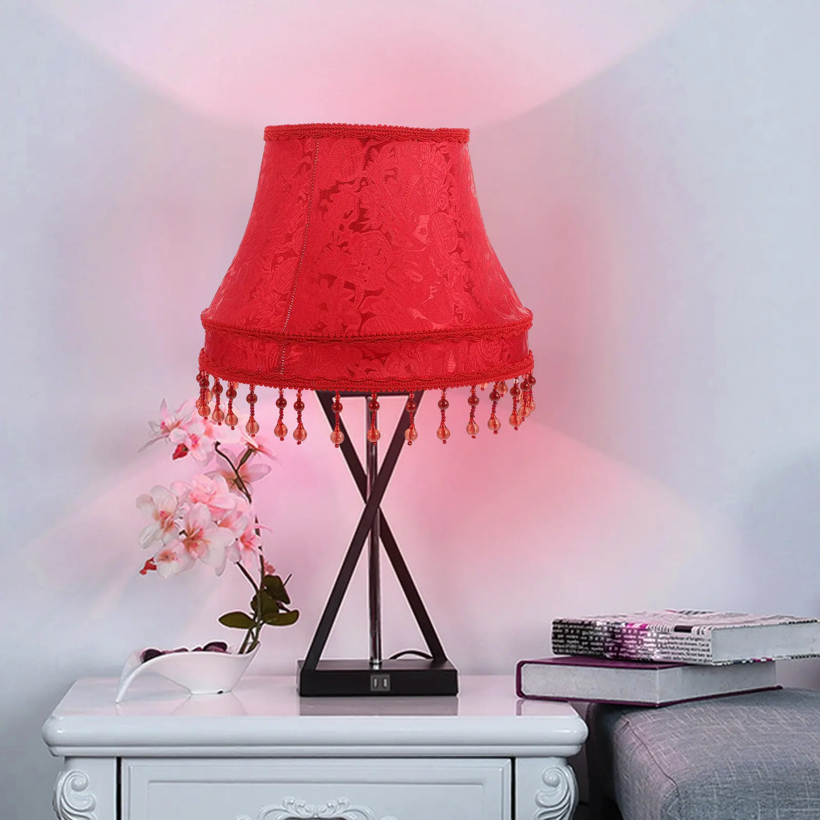 

1Pcs Vintage Cloth Lampshade European Style Hanging Beads Light Cover Decorative Lamp Shade for Table Floor Lamp Decor
