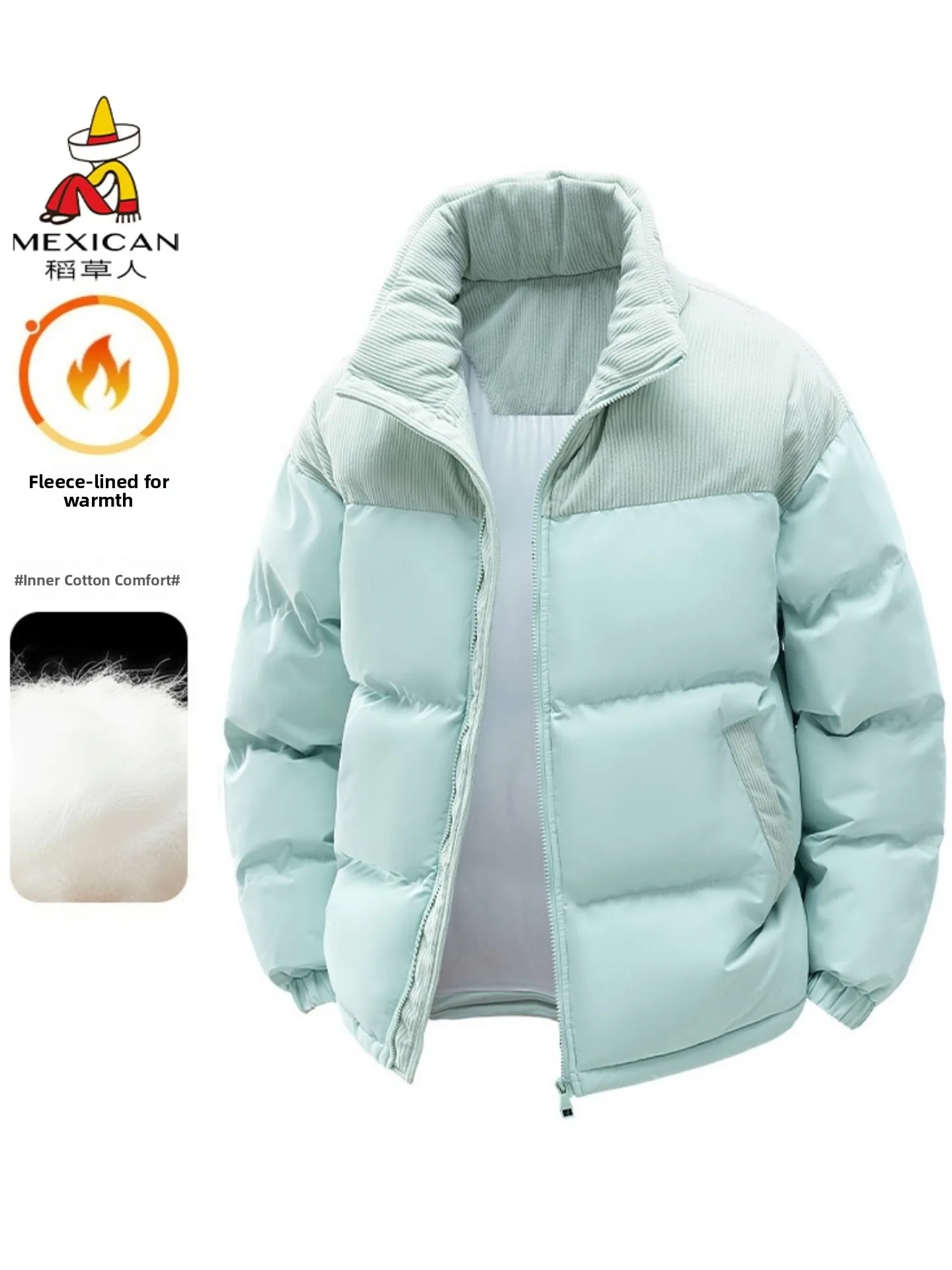 

Thiened Loose Fit Stand Collar Men's Cotton Jaet Winter Warm Outerwear Polyester Fiber Long Sve Zipper Closure C...