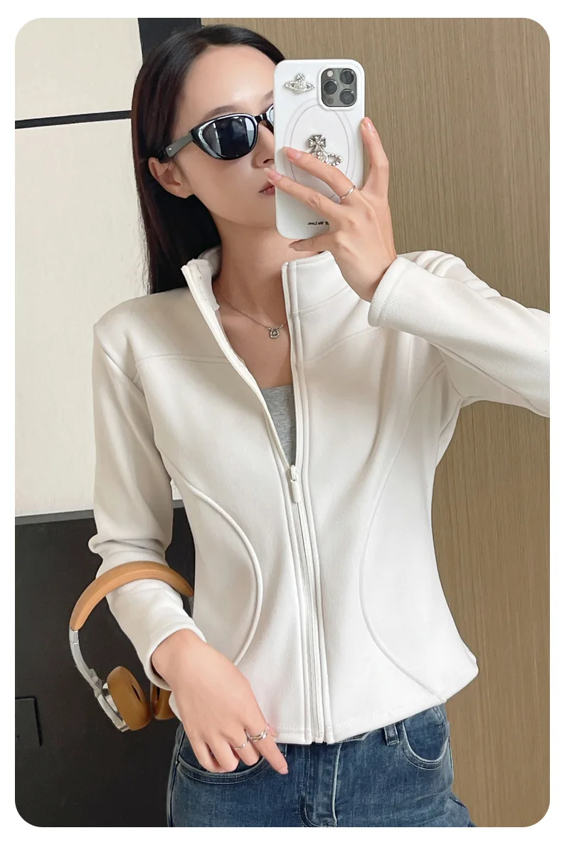 Women's Slim Fit Fleece Lined Short Sweatshirt Jacket Autumn Winter Thick Warm Zipper Jackets Woman Solid Stand Collar Yoga Wear