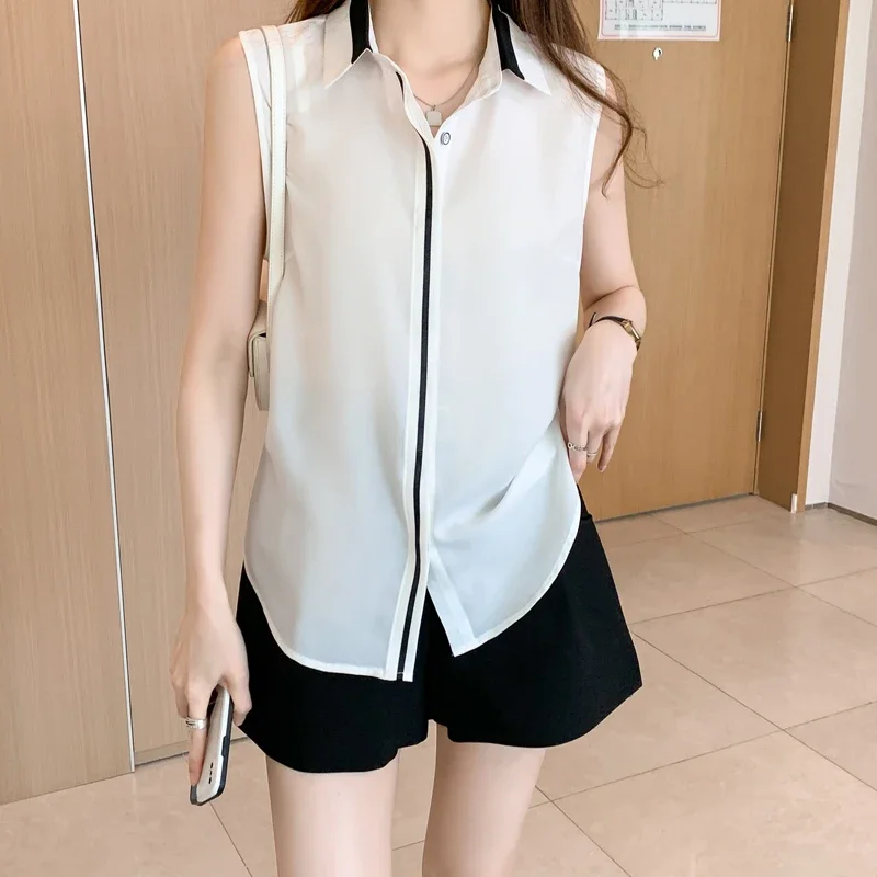 White Shirt Tank Tops Blouse for Women Summer Fashion Shirts and Blouses Basic OL Sleeveless Womens Tops Chiffon Female Clothing