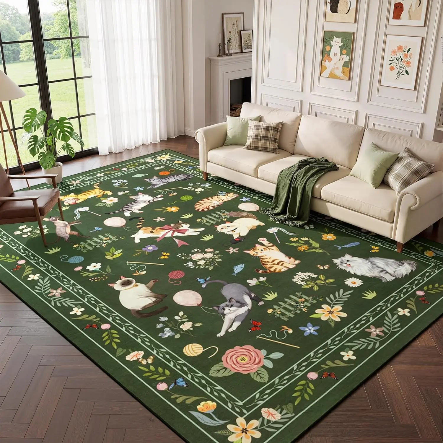 Washable Dark Green Cat Area Rug, Soft Non Slip Print Carpet, Large Kids Playroom Rug for Living Room Bedroom Dining Room