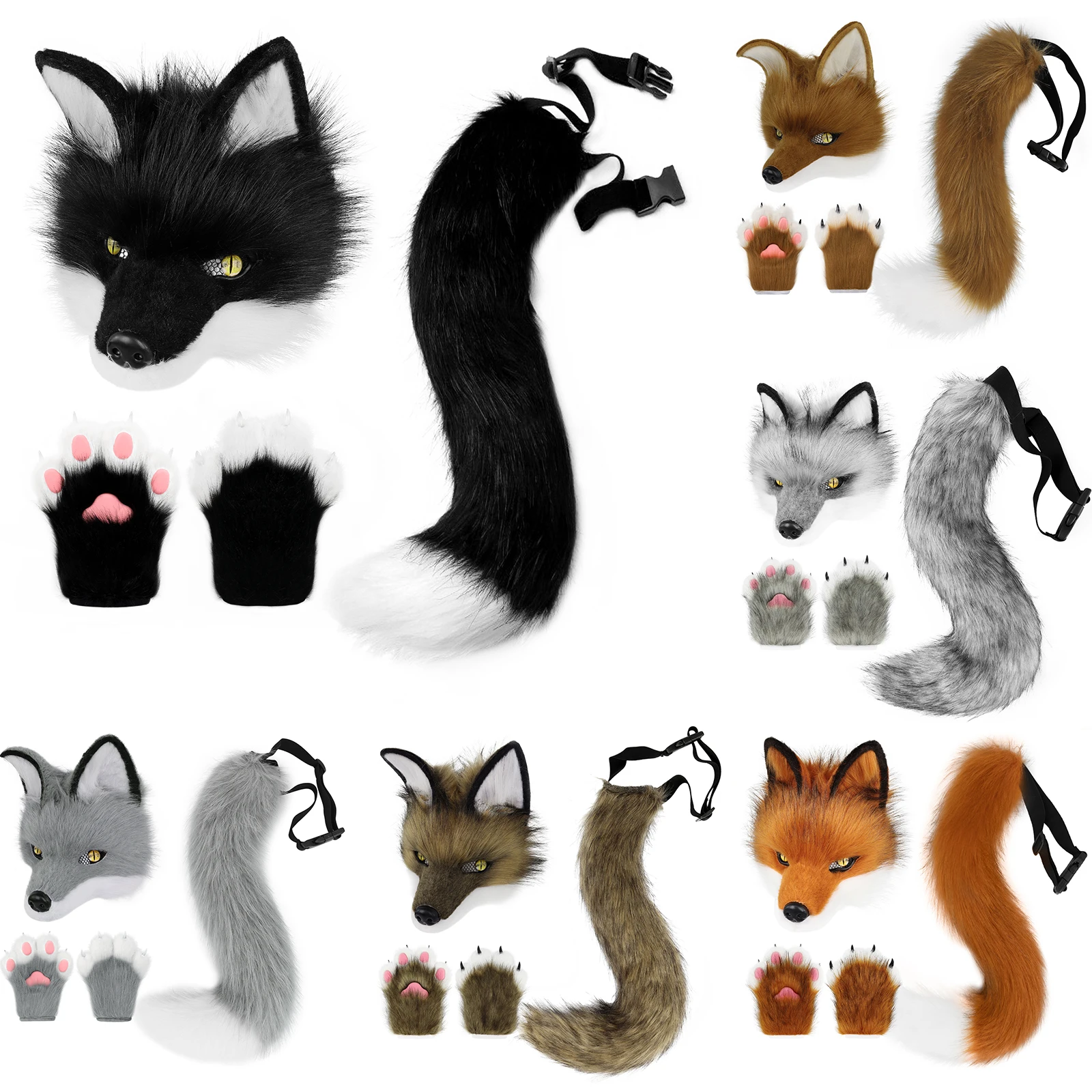 Plush Faux Fur Therian Dog Wolf Mask Paw Gloves Fox Tail Set Halloween Cosplay Costume Accessories