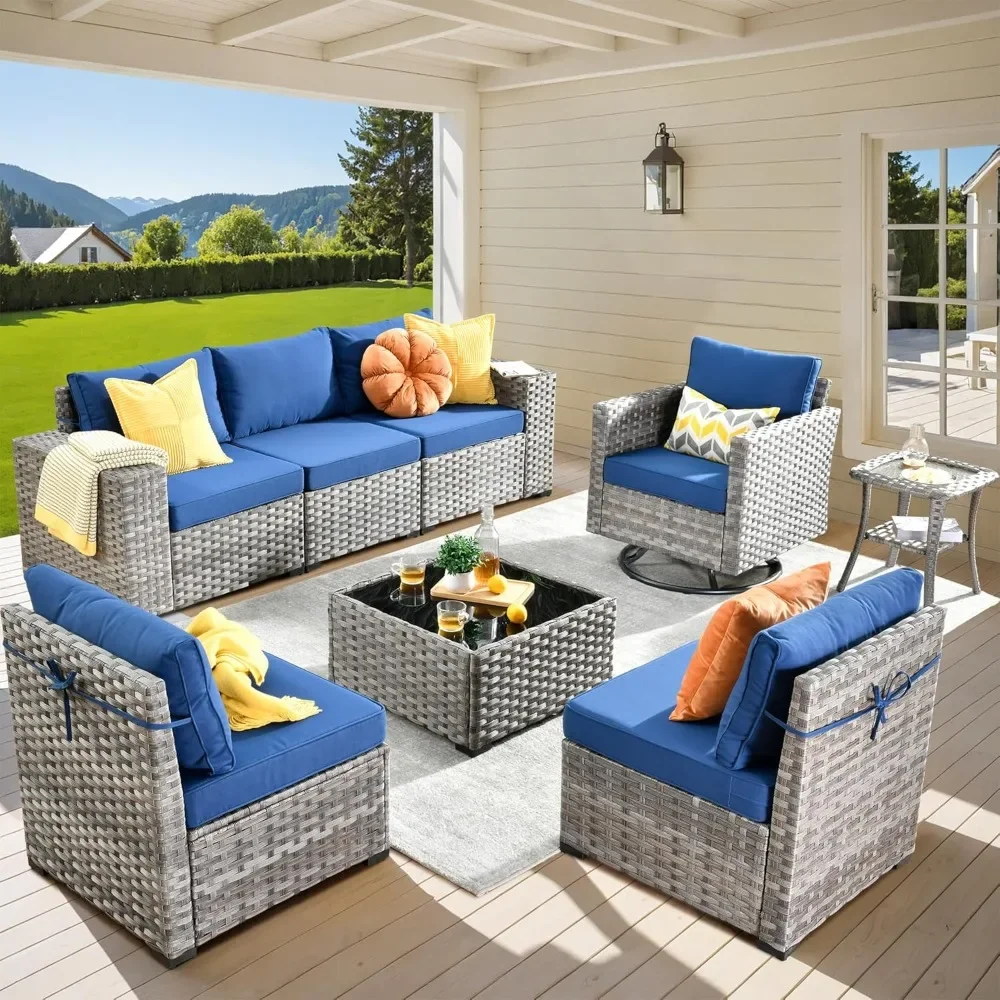 

Outdoor Sectional Sofa Wicker Rattan, Sofa with Swivel Rocking Chairs, Wide Arms and Deep Seat, 8 Pieces Patio Furniture Set