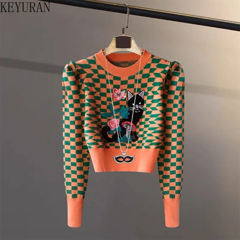 Vintage Cartoon Cat Embroidery Sweater Women\'s Pullover Autumn Winter Puff Sleeve Plaid Kawaii Sweaters Jumper Knitwear Crop Top