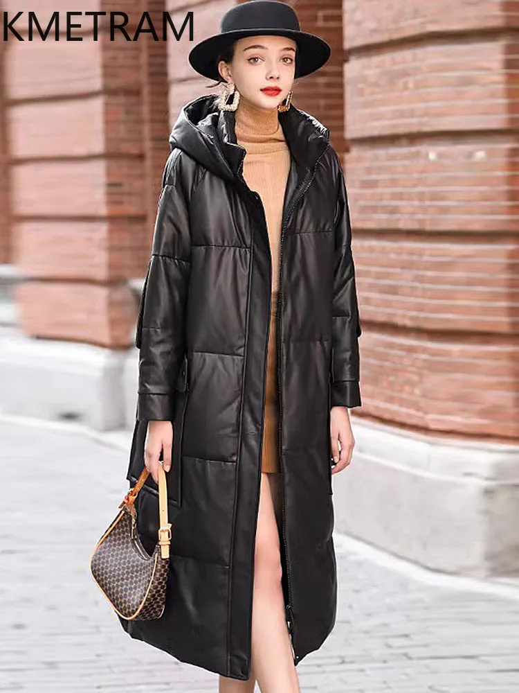 معطف KMETRAM من جلد الغنم الطبيعي أسفل معطف أسفل جلد طبيعي أسفل سترة نسائية شتوية غير رسمية بقلنسوة ملابس خارجية طويلة 2025 ropa mujer