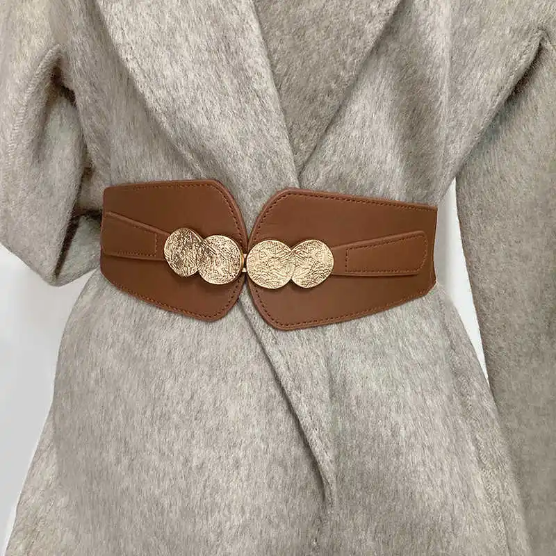 مشد للخصر للنساء 2024 نمط جديد قابل للتعديل حزام خصر مرن الخارجي مباراة معطف على شكل ثوب فاخر أسود حزام جلد مزخرف