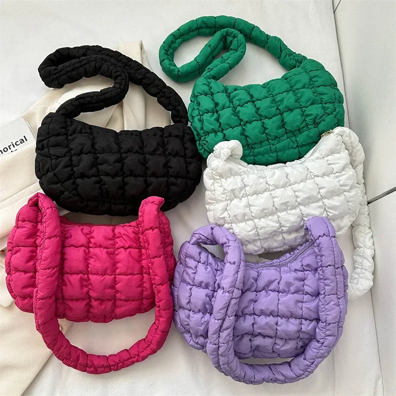 

Quilted Pleated Shoulder Bags for Women Padded Bag Nylon Handbags Bucket Purse Cloud Bubbles Hobo Puffer Nylon Tote Bag bolsas