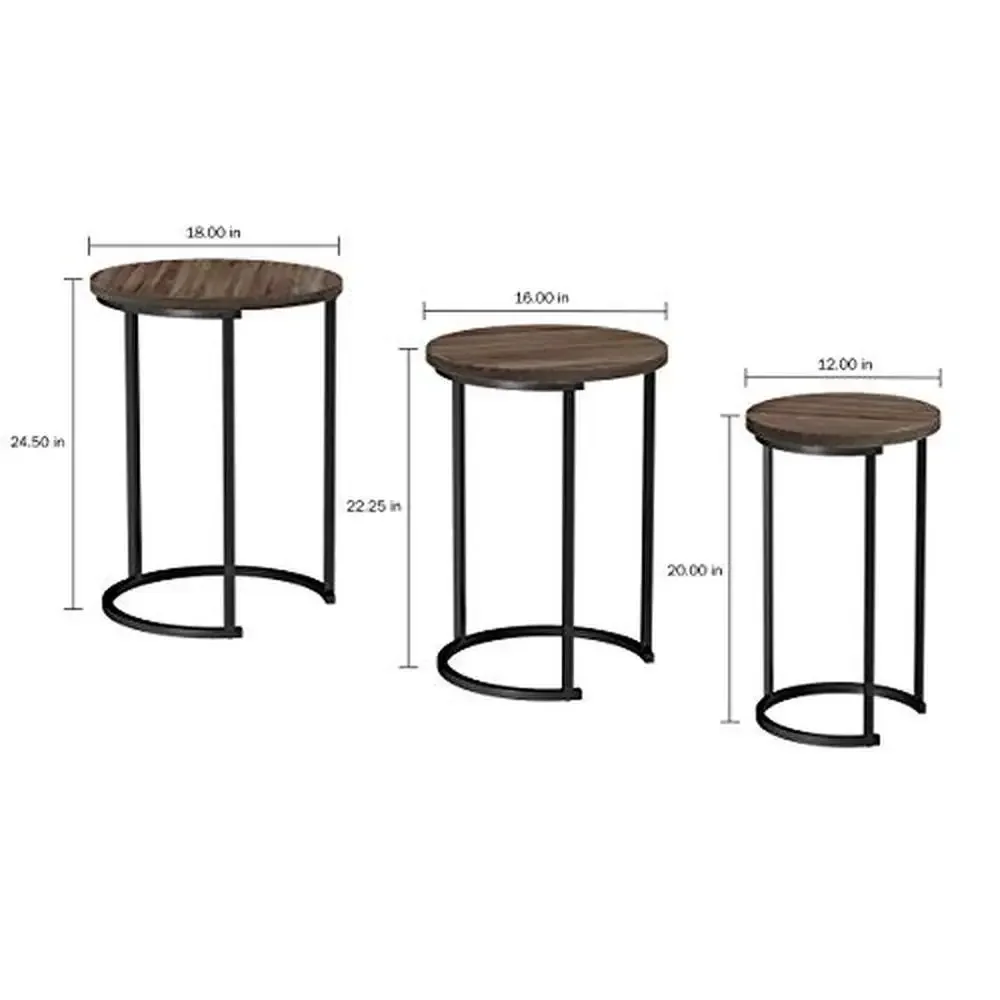 3-Piece Nesting Round Living Room End Tables Modern Style Gray-Brown Woodgrain-Look Metal Base Versatile Set Home Décor.