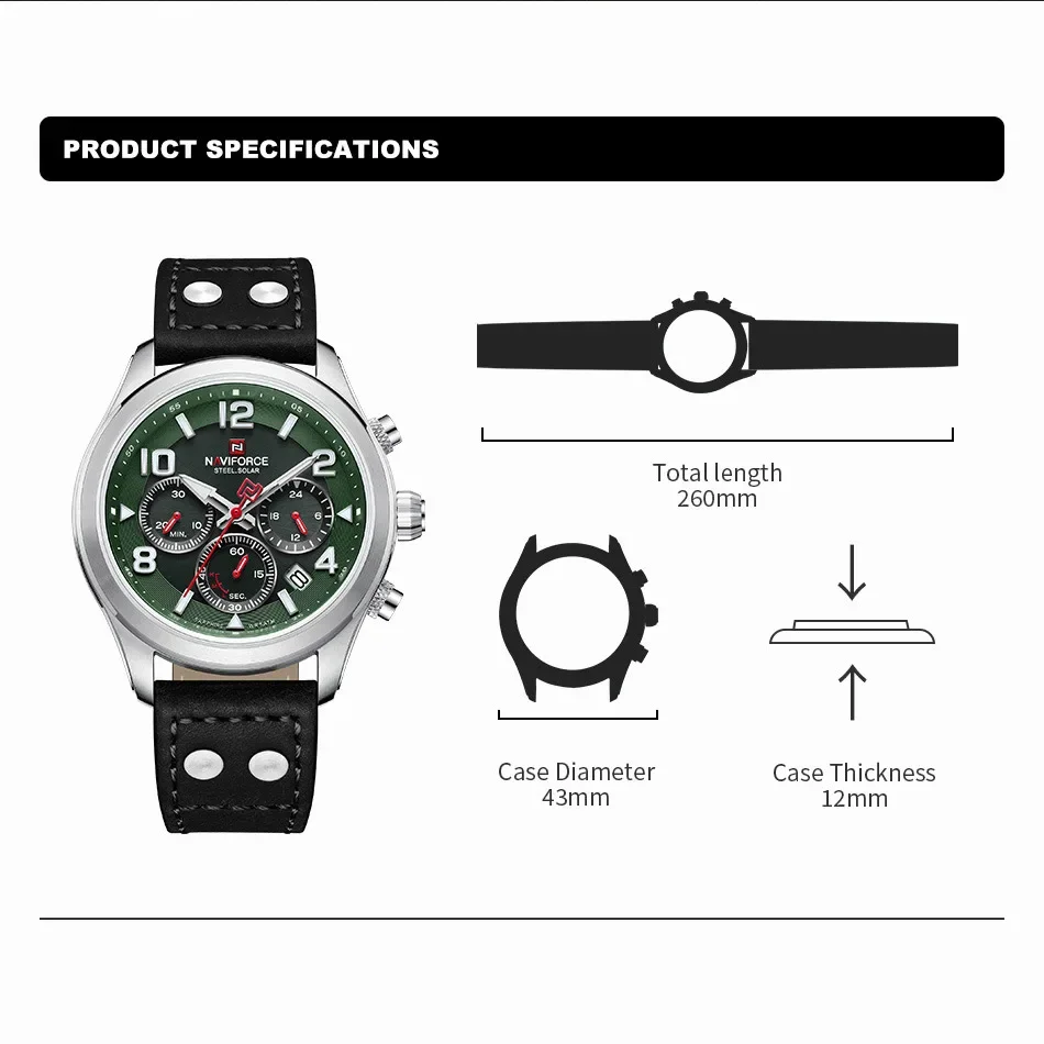 Relógios impermeáveis dos homens NAVIFORCE, Multi-funcional safira luminosa, aço inoxidável Eco-Drive relógios de pulso, marca original, 2023