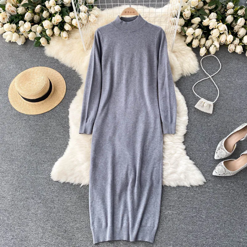 Autumn 2021 Women's Temperament Half High Collar Loose Middle Long Sweater Bottomed Dress Casual Slim Long Sleeve Knitted Dress