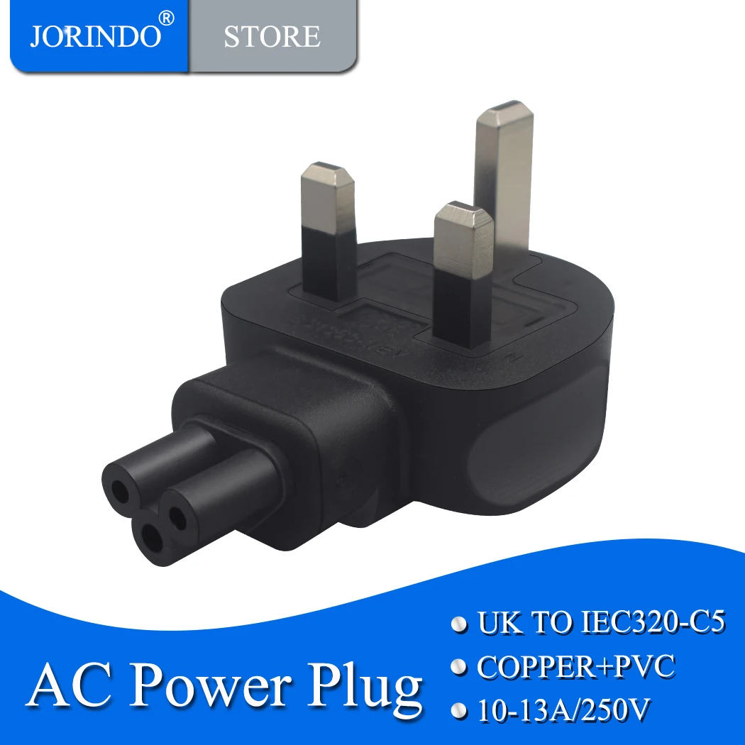 JORINDO UK to IEC320 C5 Power adapter, British 3 pin male plug to cloverleaf  shape C5 female AC Conversion plug