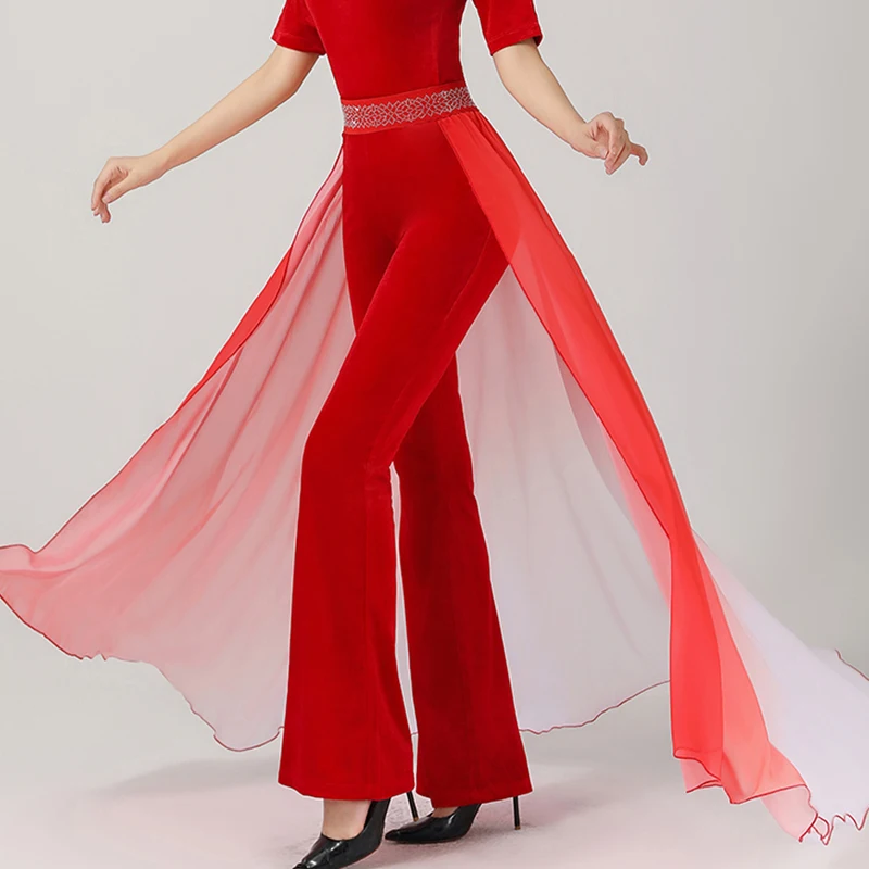 Nieuwe Gradiënt Chiffon Dans Hippe Sjaal Met Cummerbund Riem Modern Dance Kostuum Catwalk Ractice Model Bell-Bottoms Dansbroek