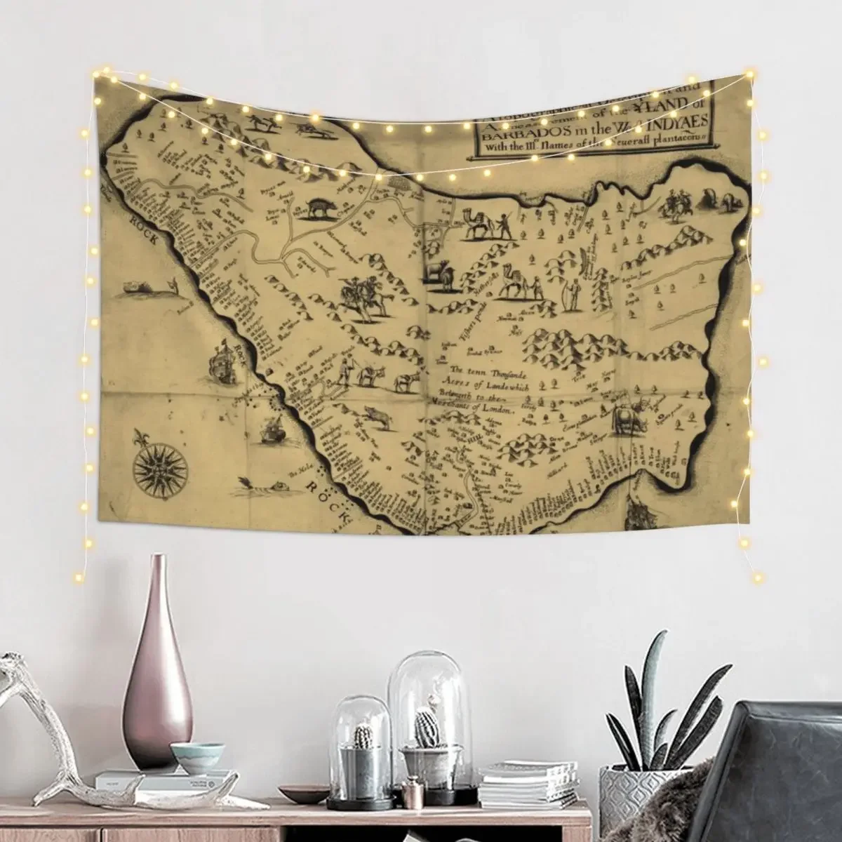 Vintage Barbados Pictorial Map (1657) Tapestry Art Mural For Bedroom Tapestry