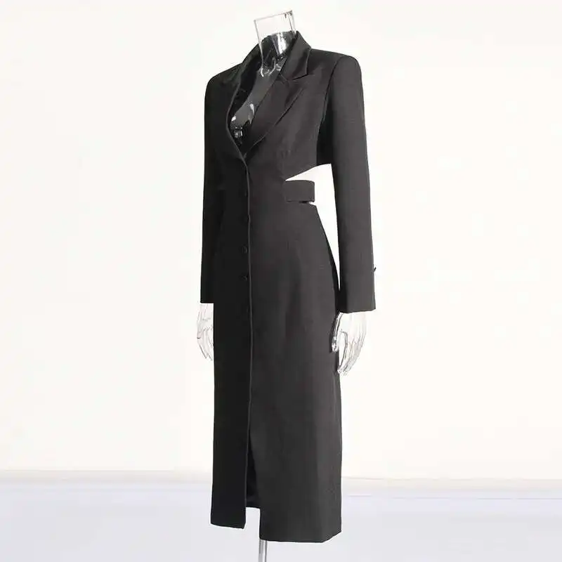 HKSH Women Long Blazer Elegant Stylish Dark Punk Hollow Out Expose Waist Design High-end Niche Single Breasted Ins Jacket HK3131