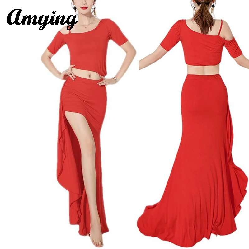 

Women Belly Dance Costume Set Practice Training Suit Stage Performance Clothing Mid Sleeved Off Shoulder Tops+Split Long Dress