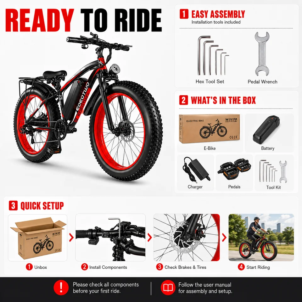 EOEOTWO Electric Bike for Adults, 26 Inch Fat Tire E-Bike, 1500W Peak, 48V 15Ah Removable Battery, 34MPH All Terrain Ebike image 10