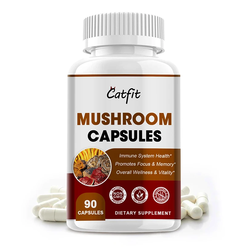 Catfit Mushroom Complex Capsules 60PCS for Memory Cognitive Immune Skincare Beauty Health for Women Liver Mood Nutrition Dietary