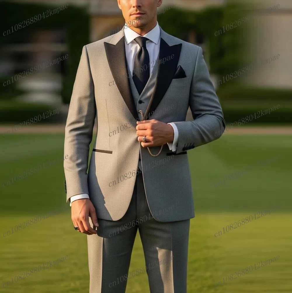 

Black Collar Grey Men Suit Formal Groom Groomsman Wedding Party Prom Male Business Tuxedos 3 Piece Set Blazer Vest Pants