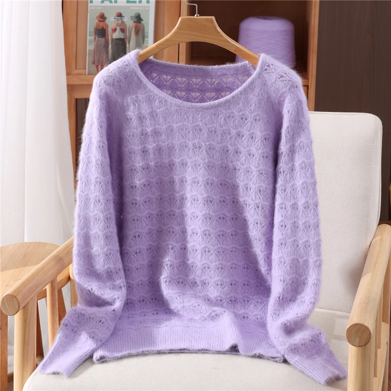 Chic Hollow Out O-Neck Women's Clothing Autumn Winter 100% Mink Cashmere Knitwear Female Autumn Winter Basic Pullover Sweater