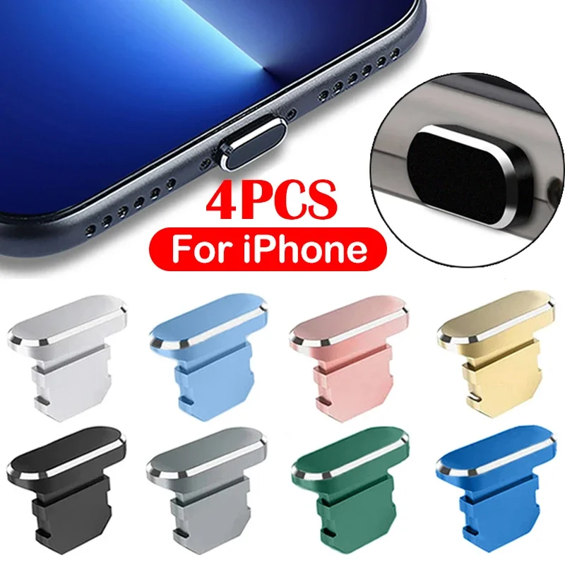 4PCS Aluminum Alloy Anti Dust Plug for iPhone 14 13 12 Pro Max 11 Mini 8 Plus XR iPad AirPods Apple Series Lightning Port Cover