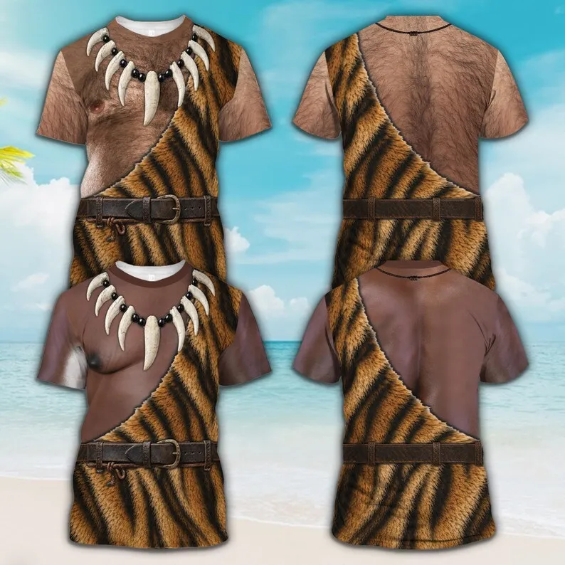 3D 3D Furry Caveman Costume T-shirt with Fun Tiger Fur Belly 3D Effect T-shirt with Teeth Necklace Novel Model Party Parody Gift