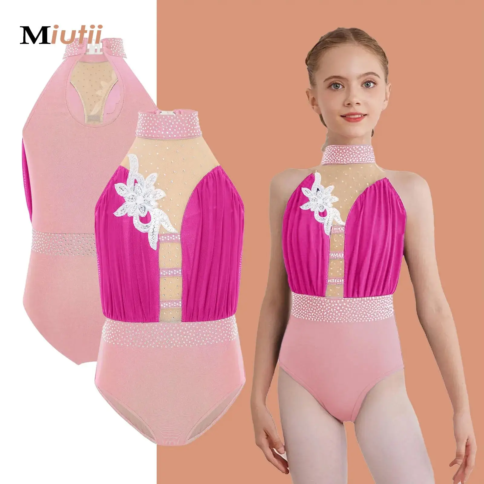 

Детский балетный трико для девочек, художественная гимнастика, фигурное катание, трикотаж, боди с аппликацией и стразами, одежда для соревнований