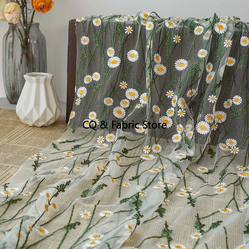 Spring/Summer Daisy Women's Dress Embroidered Mesh Fabric Fresh Dress Fabric Designer Sewing Accessories By The Meter